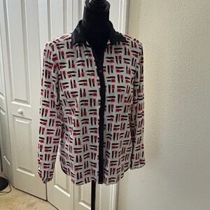 New York & Company Black and Red Patterned Blouse